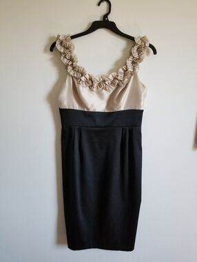 London Style Beige and Black Floral-Trim Midi Sheath Dress Size 8